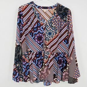 Nanette Lepore Size Medium Floral Striped Boho Bell Sleeve Peplum Blouse Top